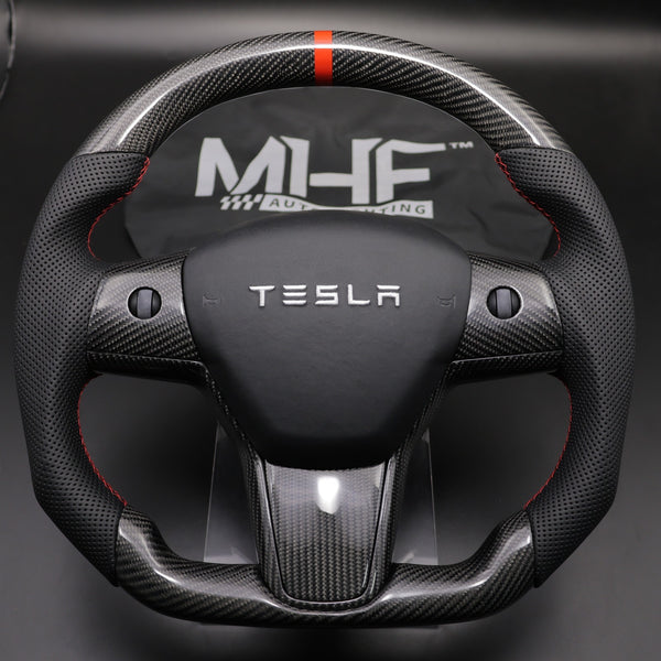 Tesla Model 3 & Y Carbon Red Accent Steering Wheel
