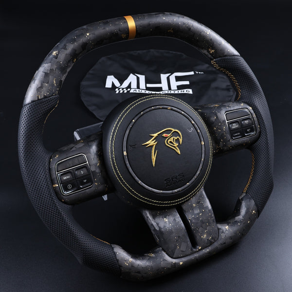 2011-2017 JK Wrangler Matte Carbon Black Leather Old Gold Stitching Steering Wheel