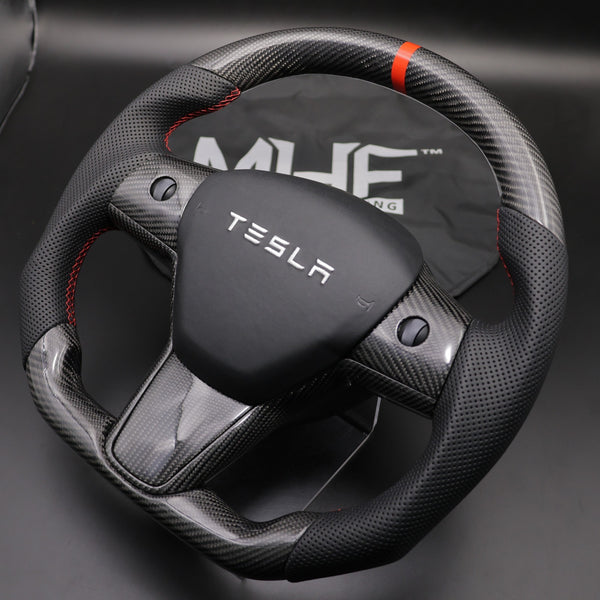 Tesla Model 3 & Y Carbon Red Accent Steering Wheel