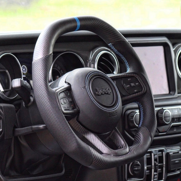 2018+ JT / JL “Perforated Leather Blue Accent” Matte Carbon 4XE Jeep Wrangler Steering Wheel