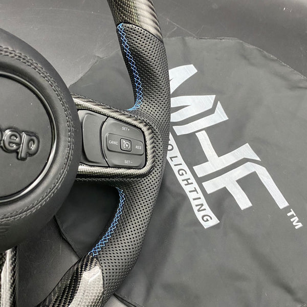 2018-2024 JT / JL “Perforated Leather Blue Accent” Gloss Carbon 4XE Jeep Wrangler Steering Wheel