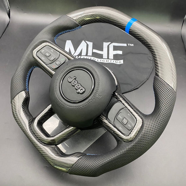 2018-2024 JT / JL “Perforated Leather Blue Accent” Gloss Carbon 4XE Jeep Wrangler Steering Wheel