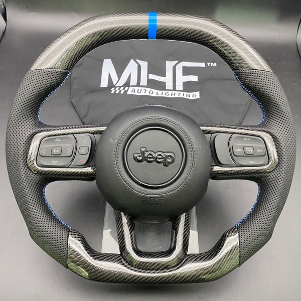 2018+ JT / JL “Perforated Leather Blue Accent” Matte Carbon 4XE Jeep Wrangler Steering Wheel