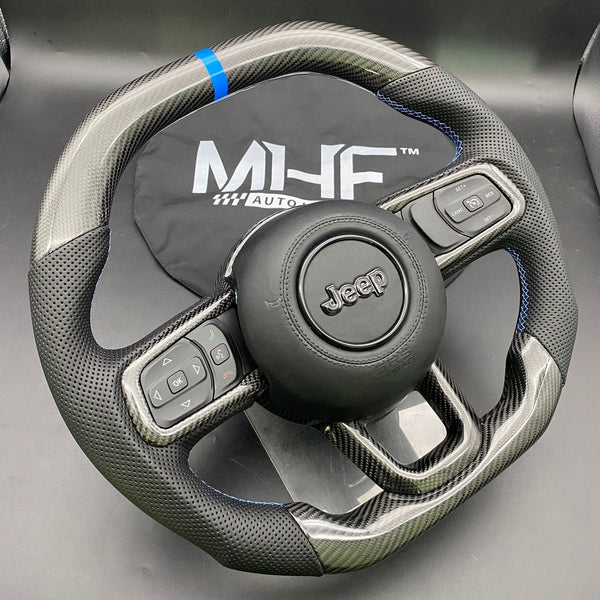 2018+ JT / JL “Perforated Leather Blue Accent” Matte Carbon 4XE Jeep Wrangler Steering Wheel