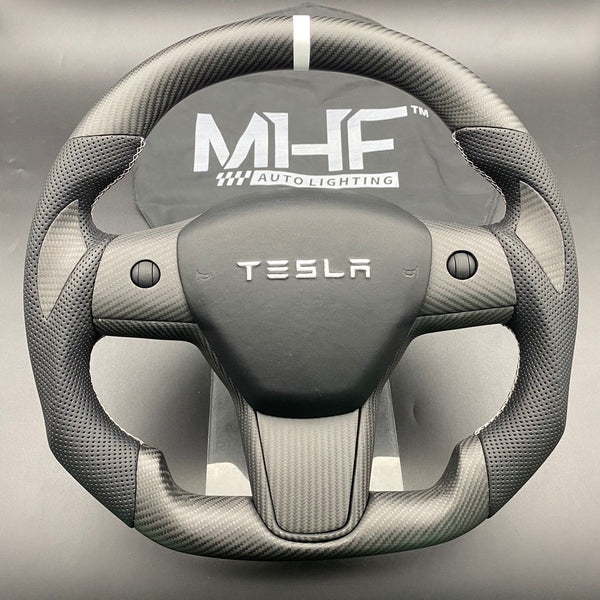 Tesla Model 3 & Y Matte Carbon White Accent Steering Wheel
