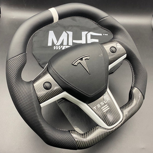 Tesla Model 3 & Y Carbon White Accent Steering Wheel