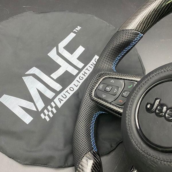 2018+ JT / JL “Perforated Leather Blue Accent” Matte Carbon 4XE Jeep Wrangler Steering Wheel