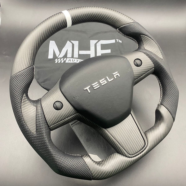 Tesla Model 3 & Y Matte Carbon White Accent Steering Wheel